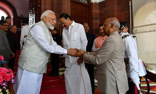 Kovind underlined the government's resolve to remove "social evils" of triple talaq and <em>nikah halala</em> to ensure equal rights for women, take forward the campaign against black money and make the zero tolerance policy against corruption more comprehensive and effective. Kovind said that a new industrial policy aimed at promoting growth and creating jobs will be announced. Image Courtesy: Twitter/@PIB_India Kovind underlined the government's resolve to remove "social evils" of triple talaq and <em>nikah halala</em> to ensure equal rights for women, take forward the campaign against black money and make the zero tolerance policy against corruption more comprehensive and effective. Kovind said that a new industrial policy aimed at promoting growth and creating jobs will be announced. Image Courtesy: Twitter/@PIB_India