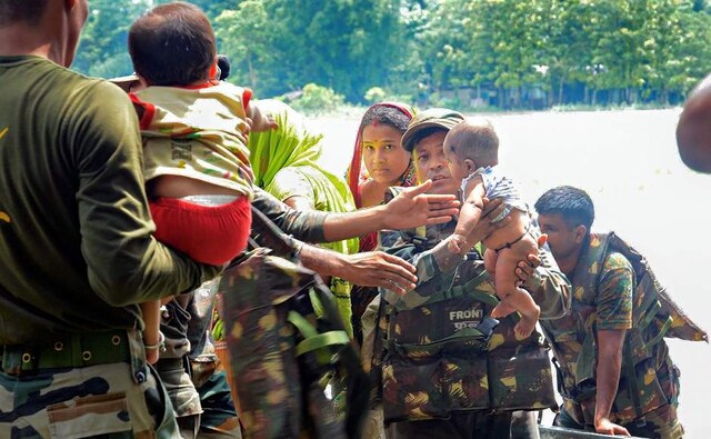 Army personnel conducted rescue operations in the Nalbari district of Assam on Tuesday. PTI Army personnel conducted rescue operations in the Nalbari district of Assam on Tuesday. PTI