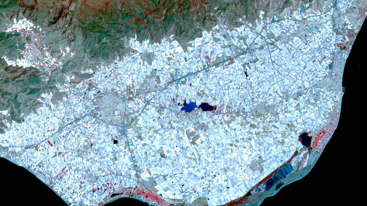 A satellite image of the greenhouses in Spain. Image credit: JPL/NASA
