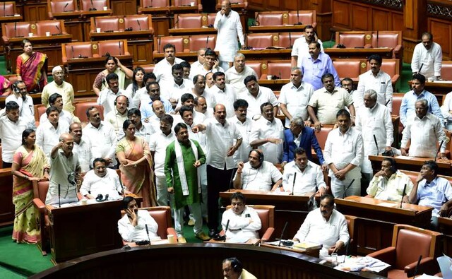 As the House debated the motion with frequent scenes of pandemonium, Congress made its intentions clear right from the beginning that voting be deferred as the apex Court had received pleas by two independent MLAs on the issue of trust vote. PTI As the House debated the motion with frequent scenes of pandemonium, Congress made its intentions clear right from the beginning that voting be deferred as the apex Court had received pleas by two independent MLAs on the issue of trust vote. PTI