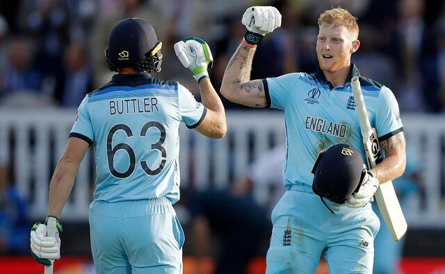 England's Ben Stokes and Jos Buttler react after scoring 15 runs in the Super Over after the match ended in a tie. AP England's Ben Stokes and Jos Buttler react after scoring 15 runs in the Super Over after the match ended in a tie. AP