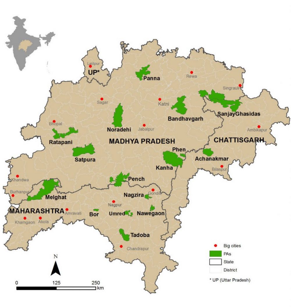 Map of study landscape. The location in India is shown in the inset. State and district boundaries are shown black and gray, respectively. Protected areas are shown in green, and big cities/towns (with population greater than 88,000 people) are represented as red dots. Map credit: Conservation India