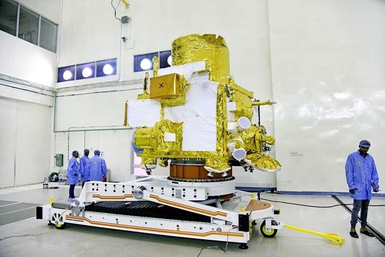 The Chandrayaan 2 Orbiter being tested in a clean room facility in ISRO, Bangalore. Image: ISRO