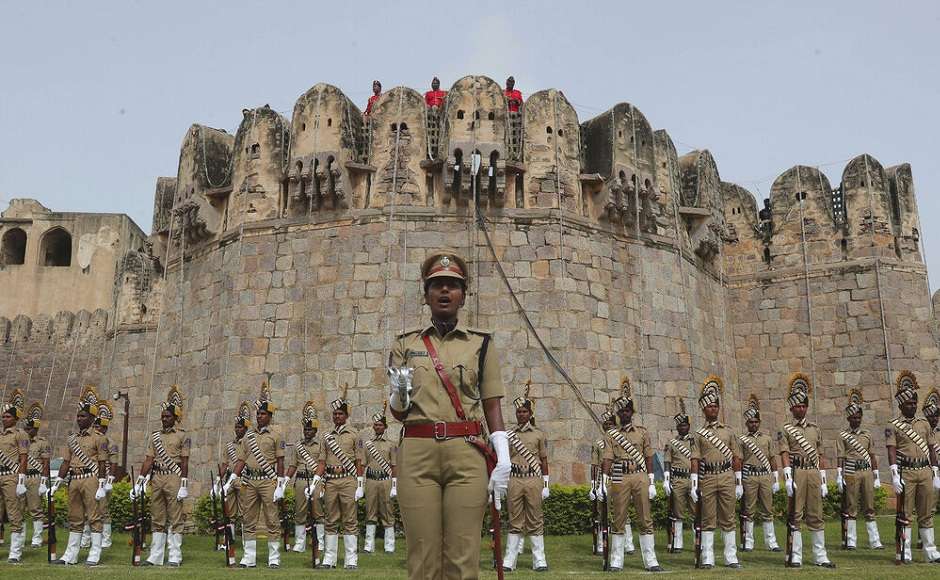 Preparations are afoot in the rest of the country. In Hyderabad, Indian police personnel participated in a rehearsal for the Independence Day celebrations at the ancient Golconda fort. AP Preparations are afoot in the rest of the country. In Hyderabad, Indian police personnel participated in a rehearsal for the Independence Day celebrations at the ancient Golconda fort. AP