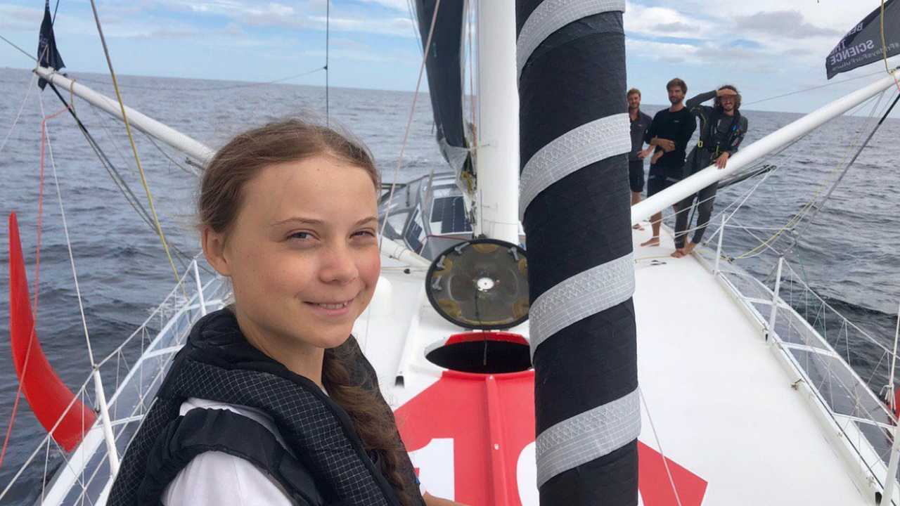 Greta Thunberg poses for a picture onboard the Malizia II. Image credit: Twitter