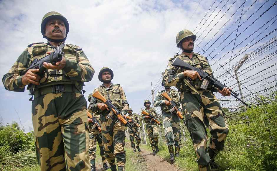 BSF soldiers were also seen patrolling the International Border in Jammu and Kashmir ahead of the first Independence Day after the scrapping of Article 370. PTI BSF soldiers were also seen patrolling the International Border in Jammu and Kashmir ahead of the first Independence Day after the scrapping of Article 370. PTI