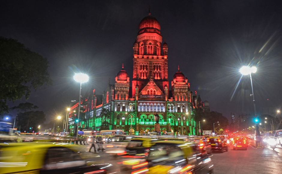 In India’s financial hub, the Brihanmumbai Municipal Corporation (BMC) building was lit-up in Tricolour on Tuesday. PTI In India’s financial hub, the Brihanmumbai Municipal Corporation (BMC) building was lit-up in Tricolour on Tuesday. PTI