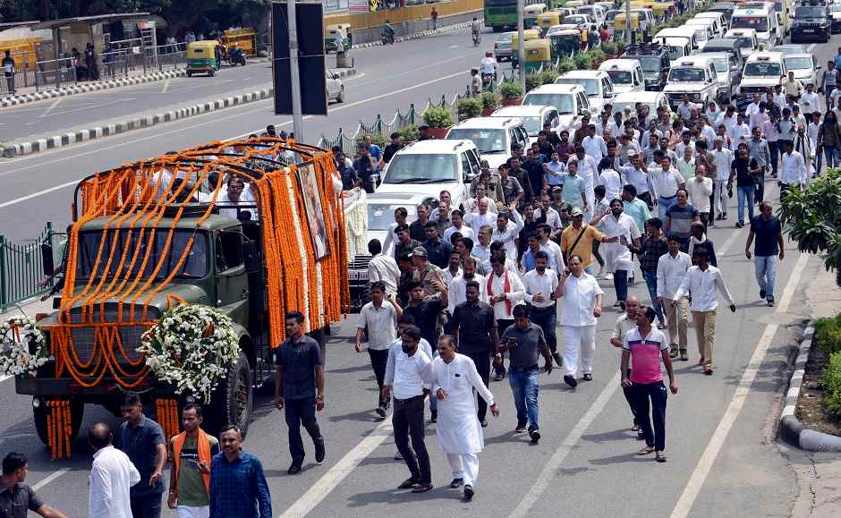 His mortal remains were taken from his residence to the BJP headquarters, where political leaders paid tributes. AP His mortal remains were taken from his residence to the BJP headquarters, where political leaders paid tributes. AP