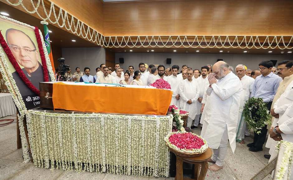 Union Home Minister Amit Shah paid tributes to the veteran leader at the BJP headquarters. AFP Union Home Minister Amit Shah paid tributes to the veteran leader at the BJP headquarters. AFP