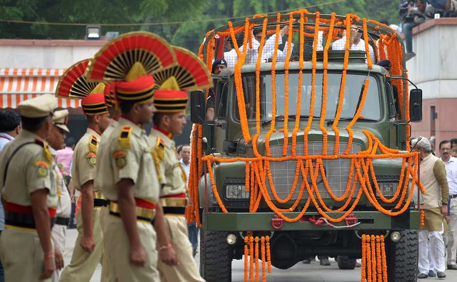 Jaitley was cremated with full state honours at Delhi's Nigambodh Ghat and his last rites were performed by his son Rohan. AFP Jaitley was cremated with full state honours at Delhi's Nigambodh Ghat and his last rites were performed by his son Rohan. AFP