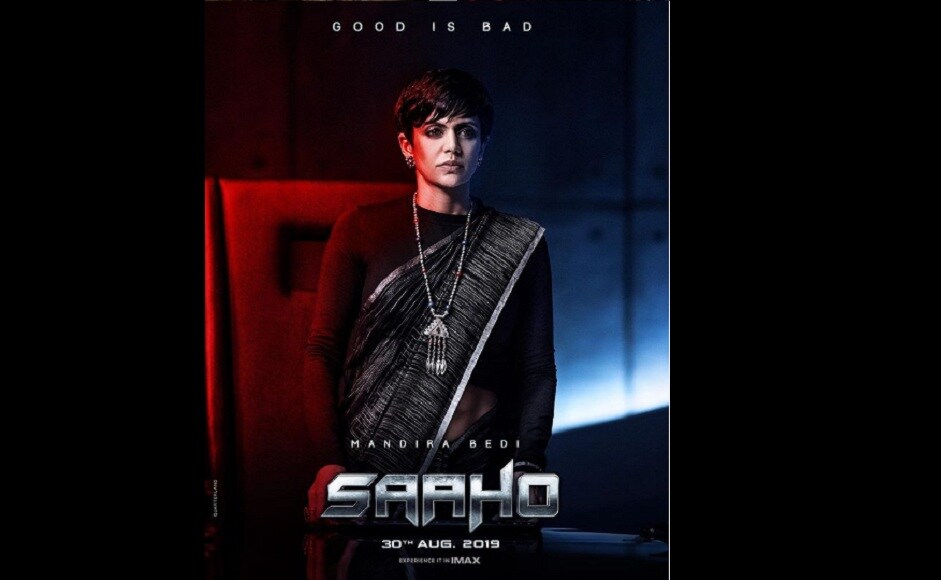 Draping a black and grey sari around herself, Mandira Bedi's Kalki looks on determinedly at the camera in Saaho poster | Instagram Draping a black and grey sari around herself, Mandira Bedi's Kalki looks on determinedly at the camera in Saaho poster | Instagram