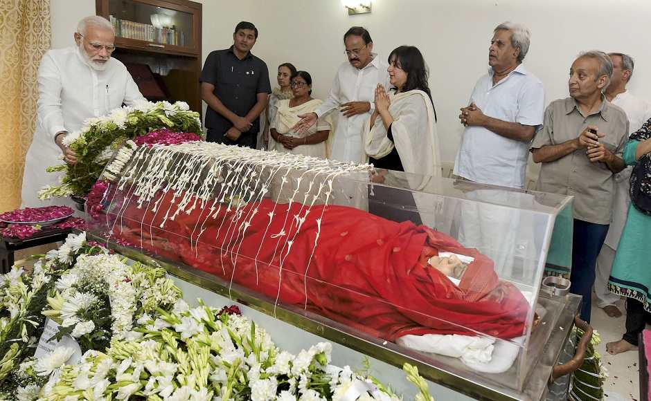 Prime Minister Narendra Modi paid his respects by laying a floral wreath at Swaraj's residence in New Delhi. He was also seen consoling Swaraj's daughter Bansuri. PTI Prime Minister Narendra Modi paid his respects by laying a floral wreath at Swaraj's residence in New Delhi. He was also seen consoling Swaraj's daughter Bansuri. PTI