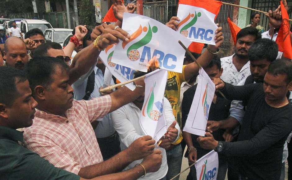Hindu Yuba Chatra Parisad members protested against the release of NRC final draft in Guwahati. The names of family members of former president Fakhruddin Ali Ahmed and former chief minister Anwara Taimur were found missing from the draft. PTI Hindu Yuba Chatra Parisad members protested against the release of NRC final draft in Guwahati. The names of family members of former president Fakhruddin Ali Ahmed and former chief minister Anwara Taimur were found missing from the draft. PTI