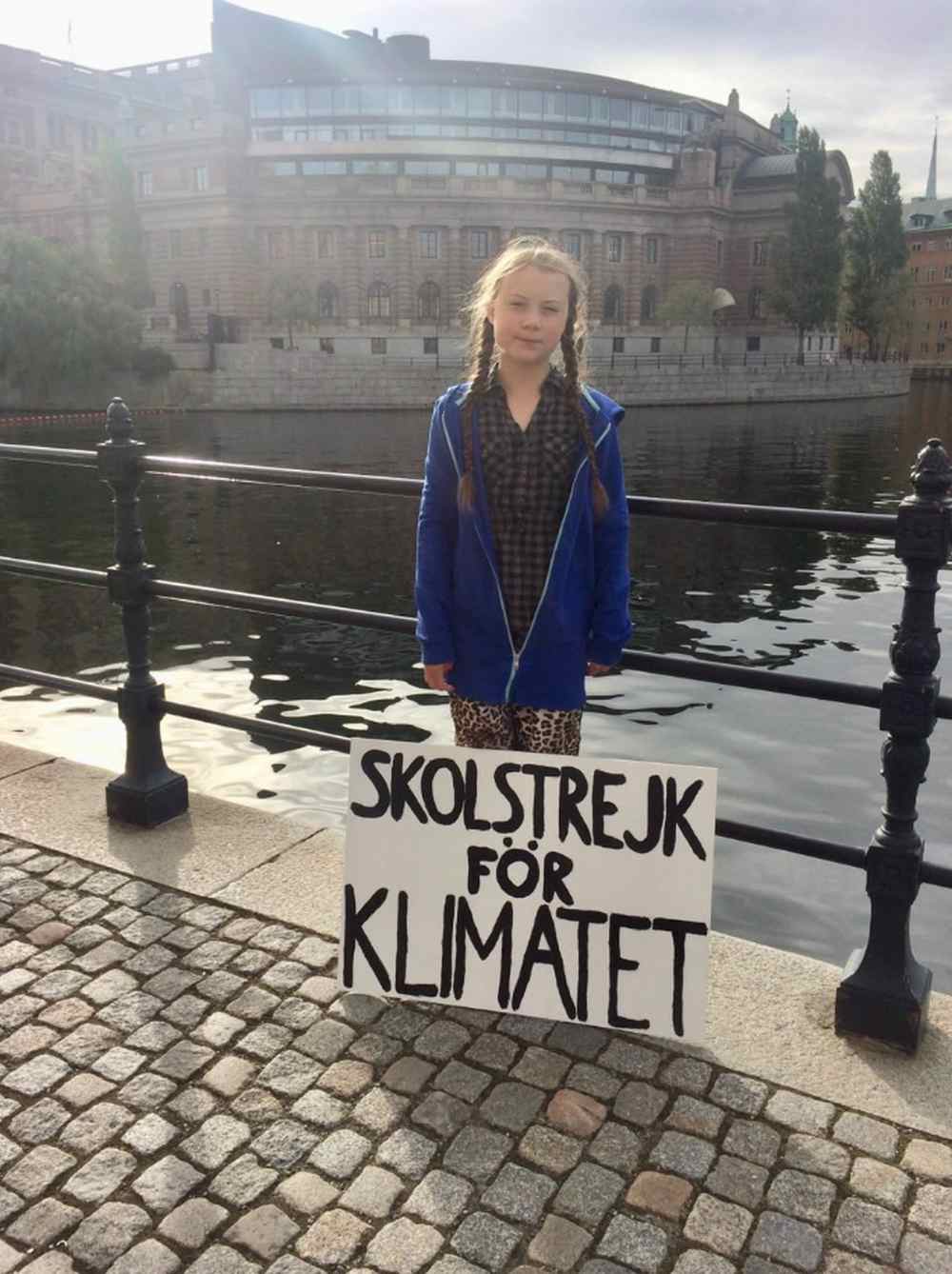 One year ago, Greta Thunberg stood outside the Swedish parliament with this sign. Image credit: Twitter