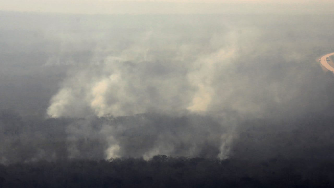 An aerial view of forest burning is seen during an overflight near Robore area, where wildfires have destroyed hectares of forest, near Robore, Bolivia, August 25, 2019. REUTERS/David Mercado - RC19586809B0