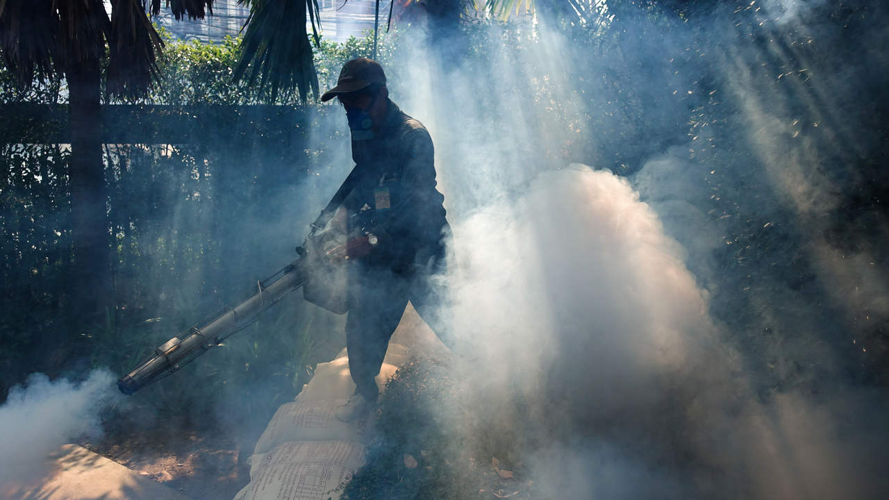 A worker sprays insecticide for mosquitos at a village in Bangkok, Thailand, December 12, 2017. Picture taken December 12, 2017. REUTERS/Athit Perawongmetha - RC18528D7410