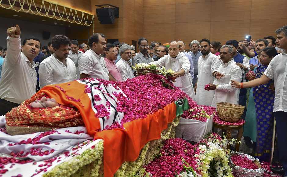 Defence Minister Rajnath Singh paid floral tribute to Swaraj — one of India's most high profile woman politicians— at the BJP headquarters in New Delhi. PTI Defence Minister Rajnath Singh paid floral tribute to Swaraj — one of India's most high profile woman politicians— at the BJP headquarters in New Delhi. PTI