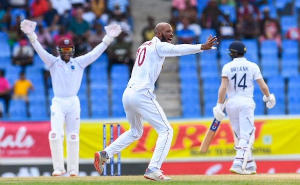 Roston Chase celebrates the dismissal of Mayank Agarwal, who was the first to depart in the visitors' second innings. Agarwal scored just 16 runs. AFP Roston Chase celebrates the dismissal of Mayank Agarwal, who was the first to depart in the visitors' second innings. Agarwal scored just 16 runs. AFP
