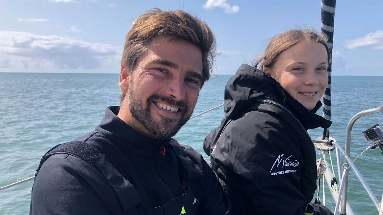 Borris Herrmann along with Greta Thunberg aboard the Malizia II. Image credit: Team Malizia