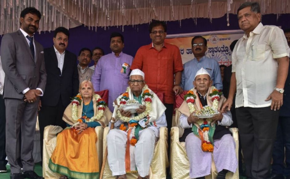 Freedom fighters were felicitated by former chief minister of Karnataka Jagadish Shettar in Hubballi district. PTI Freedom fighters were felicitated by former chief minister of Karnataka Jagadish Shettar in Hubballi district. PTI