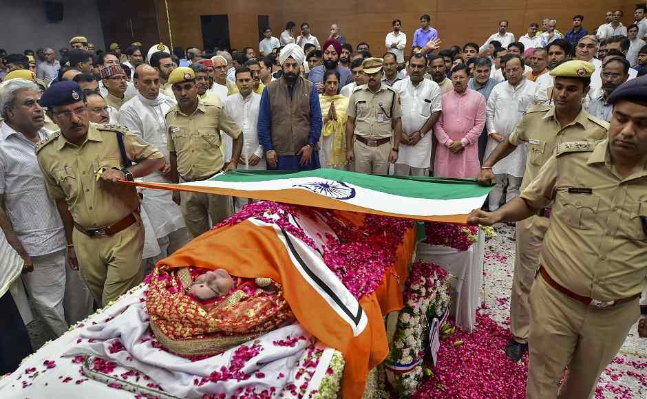 Former external affairs minister Sushma Swaraj was cremated with State honors at the Lodhi crematorium in Delhi on Wednesday. The senior BJP leader passed away on Tuesday after suffering a massive cardiac arrest. PTI Former external affairs minister Sushma Swaraj was cremated with State honors at the Lodhi crematorium in Delhi on Wednesday. The senior BJP leader passed away on Tuesday after suffering a massive cardiac arrest. PTI