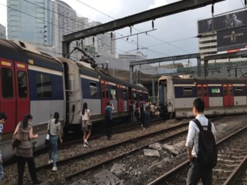 Three injured as train derails in Hong Kong during rush hour, MTR Corporation suspends services between two stations on East Rail line Three injured as train derails in Hong Kong during rush hour, MTR Corporation suspends services between two stations on East Rail line