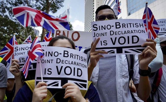 "Sino-British Joint Declaration is VOID," one read, referencing the 1984 agreement that paved the way for the city's handover, a deal that Hong Kongers were given no say over. AP "Sino-British Joint Declaration is VOID," one read, referencing the 1984 agreement that paved the way for the city's handover, a deal that Hong Kongers were given no say over. AP