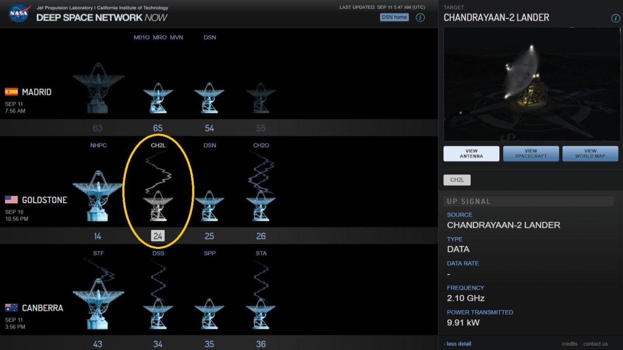 NASA's DSN antenna network in Goldstone, US listening for a response from the Chandrayaan-2 lander. Image: Screengrab from DSN Now/NASA JPL