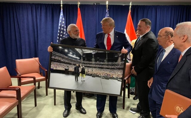 The prime minister on Tuesday presented to Donald Trump a framed photograph from the mega 'Howdy Modi' event, which took place in Houston on 22 September. The photograph was presented as the two leaders met on the sidelines of the UN General Assembly session in New York. Twitter/@PMOIndia The prime minister on Tuesday presented to Donald Trump a framed photograph from the mega 'Howdy Modi' event, which took place in Houston on 22 September. The photograph was presented as the two leaders met on the sidelines of the UN General Assembly session in New York. Twitter/@PMOIndia