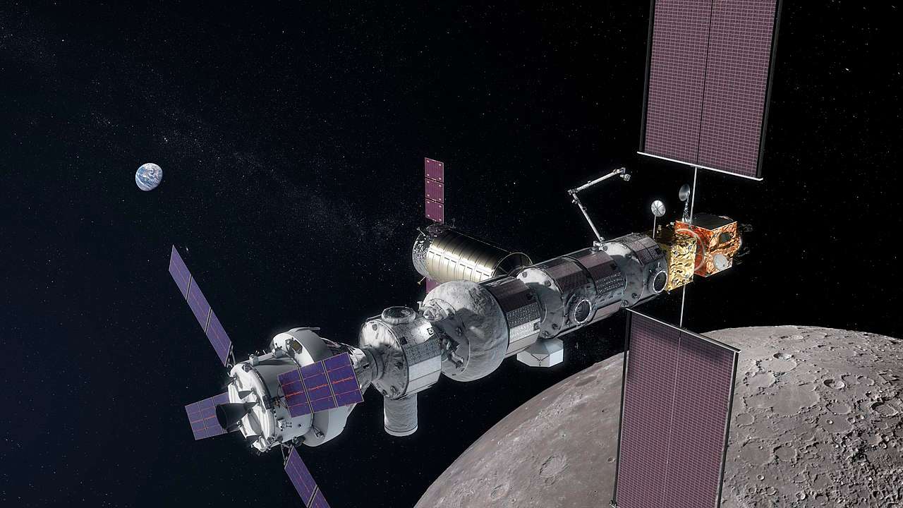 Artist illustration of the Lunar gateway, a mini space station, orbiting in space. Image credit: NASA