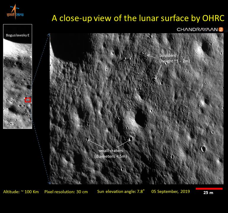 Closeup images of the moon's surface captured by the Chandrayaan 2 Orbiter's High-Res Camera (OHRC).