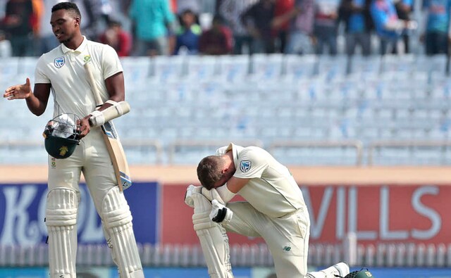 Lungi Ngidi was the last man to get out but his dismissal got more pain for his batting partner at non-strikers' end. He smashed Nadeem on the first ball he faced and the ball hit Anrich Nortje (right) who came in the way. He was in excruciating pain before being consoled by Ngidi. That was a bizarre end to South Africa's disappointing tour. AP Lungi Ngidi was the last man to get out but his dismissal got more pain for his batting partner at non-strikers' end. He smashed Nadeem on the first ball he faced and the ball hit Anrich Nortje (right) who came in the way. He was in excruciating pain before being consoled by Ngidi. That was a bizarre end to South Africa's disappointing tour. AP