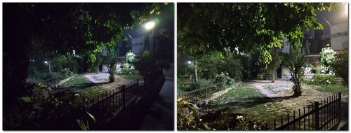 The Night mode photo (R) brings significant improvement as compared to the non-night mode photo (L) but details are still lacking.