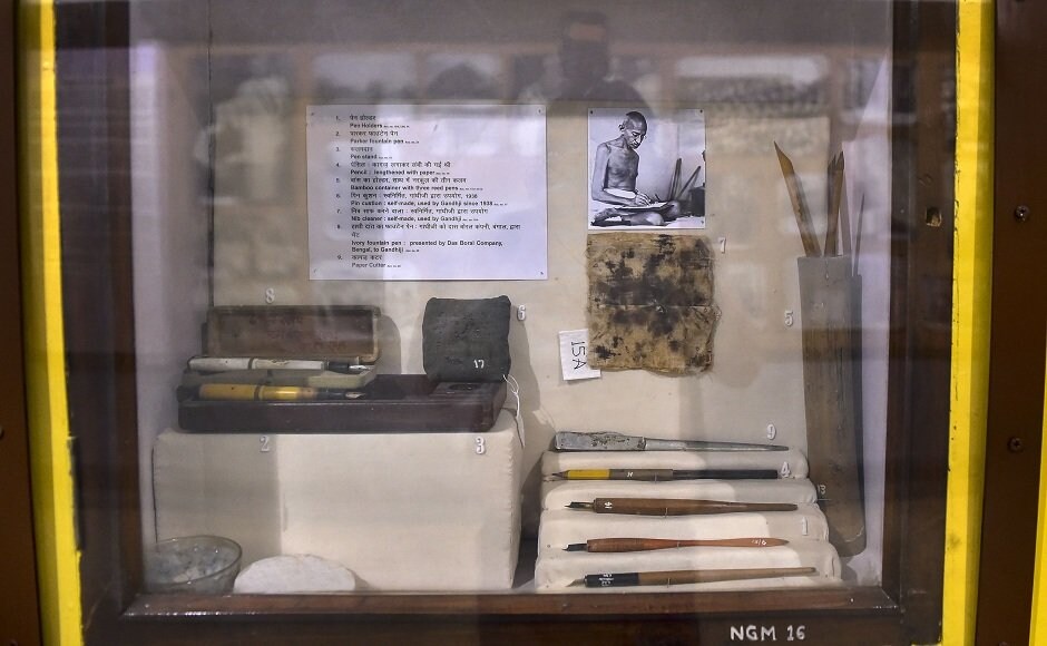 A case at the National Gandhi Museum displays pens and other articles connected with Mahatma Gandhi in New Delhi. Decked up to the hilt to celebrate the occasion, the museum, standing in this location since 1961, provides a complete panorama of Gandhi's life, work and philosophy through the many relics, photographs, art works, audio-visuals and literature. PTI A case at the National Gandhi Museum displays pens and other articles connected with Mahatma Gandhi in New Delhi. Decked up to the hilt to celebrate the occasion, the museum, standing in this location since 1961, provides a complete panorama of Gandhi's life, work and philosophy through the many relics, photographs, art works, audio-visuals and literature. PTI