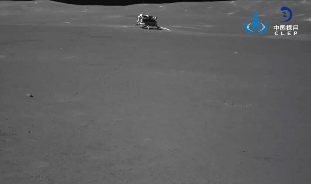 The Chang e 4 lander several feet away as seen by the rover, shared on 9 July. Image: CNES