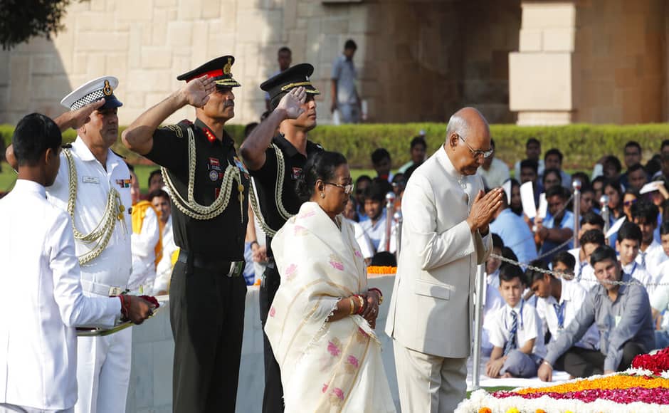President Ram Nath Kovind accompanied by his wife Savita Kovind pays tributes to Mahatma Gandhi at the Rajghat, Gandhi memorial, in New Delhi. AP President Ram Nath Kovind accompanied by his wife Savita Kovind pays tributes to Mahatma Gandhi at the Rajghat, Gandhi memorial, in New Delhi. AP
