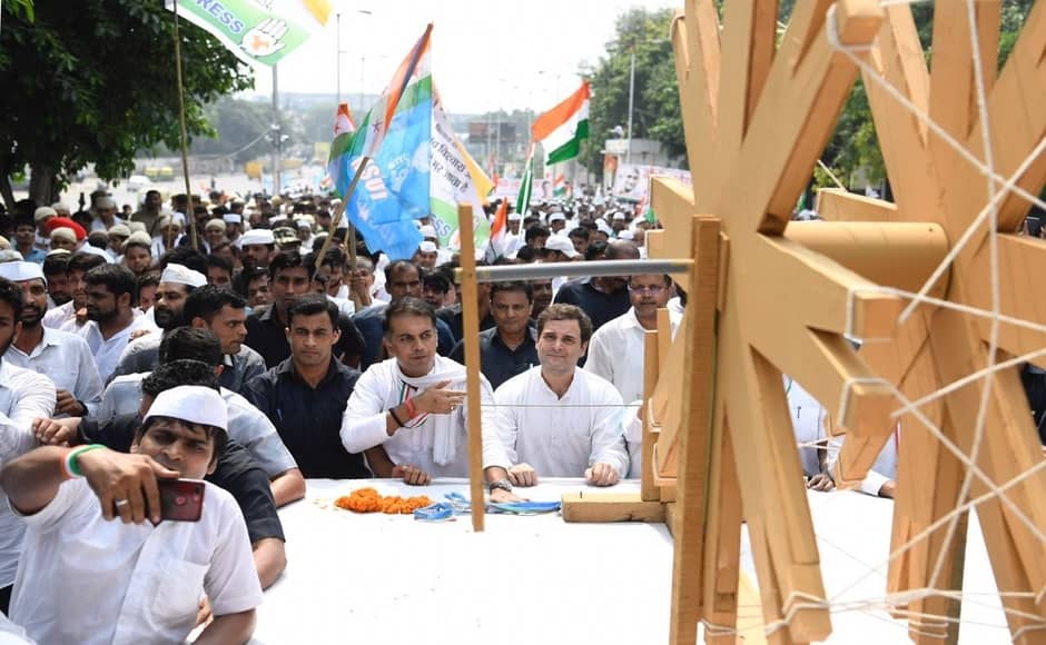Rahul Gandhi leads Congress' padayatra from the Delhi Pradesh Congress Committee office to commemorate the 150th birth anniversary of Mahatma Gandhi. Firstpost/Debobrat Ghose Rahul Gandhi leads Congress' padayatra from the Delhi Pradesh Congress Committee office to commemorate the 150th birth anniversary of Mahatma Gandhi. Firstpost/Debobrat Ghose