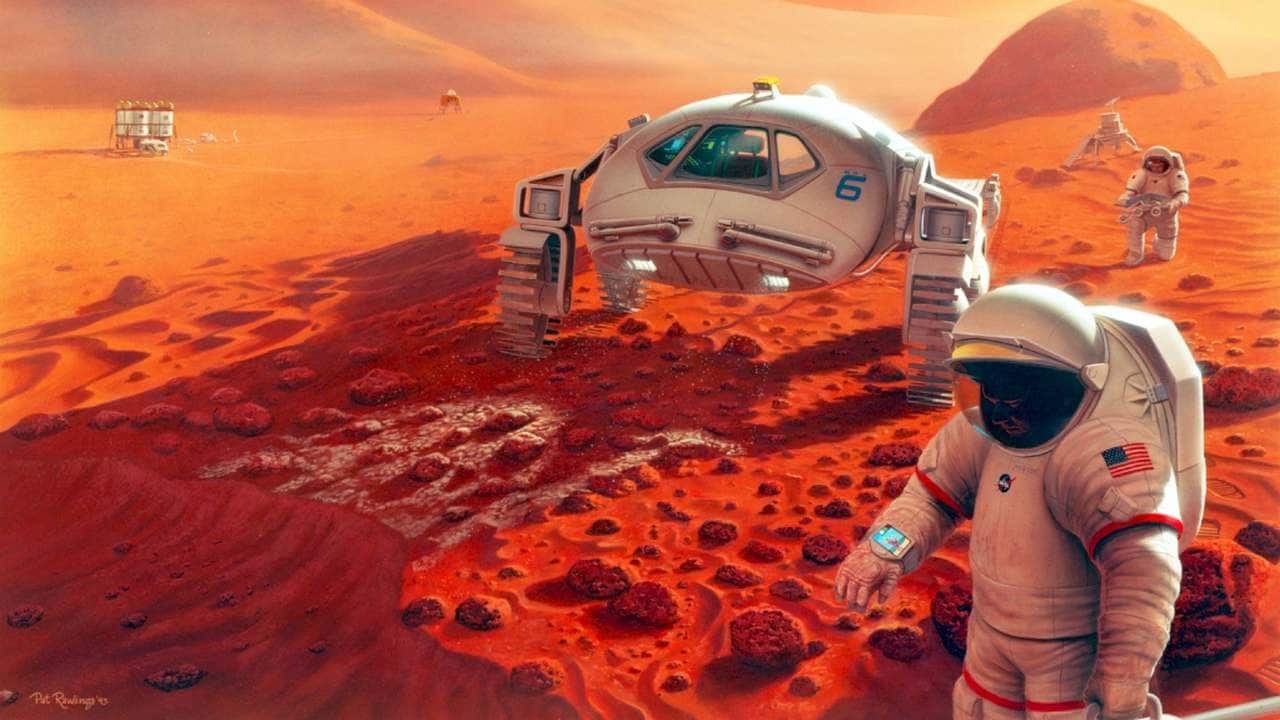 An artist illustration of human beings on Mars. image credit: NASA/Pat Rawlings/SAIC