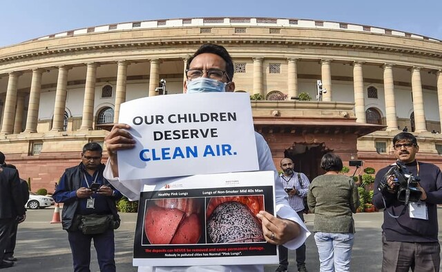 Several MPs on Monday made a statement against pollution in the national capital. Congress MP Gaurav Gogoi displayed a placard to protest against government inaction on growing pollution. The air quality in Delhi improved marginally on Monday but remained in the "poor" category for the second consecutive day. PTI Several MPs on Monday made a statement against pollution in the national capital. Congress MP Gaurav Gogoi displayed a placard to protest against government inaction on growing pollution. The air quality in Delhi improved marginally on Monday but remained in the "poor" category for the second consecutive day. PTI
