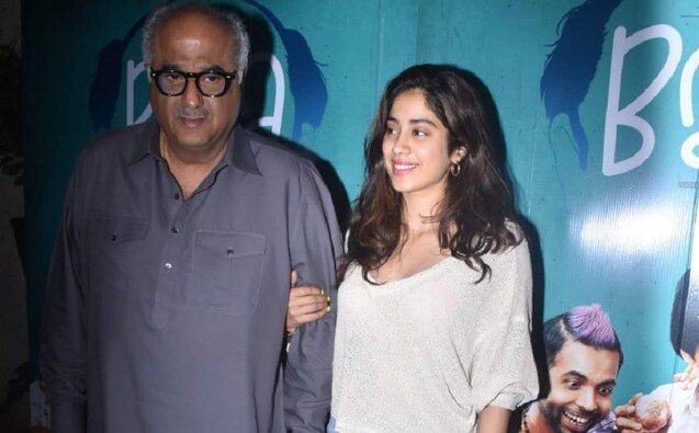 Janhvi Kapoor along with her father Boney attending the screening of Bala | Image - Simran Singh Janhvi Kapoor along with her father Boney attending the screening of Bala | Image - Simran Singh
