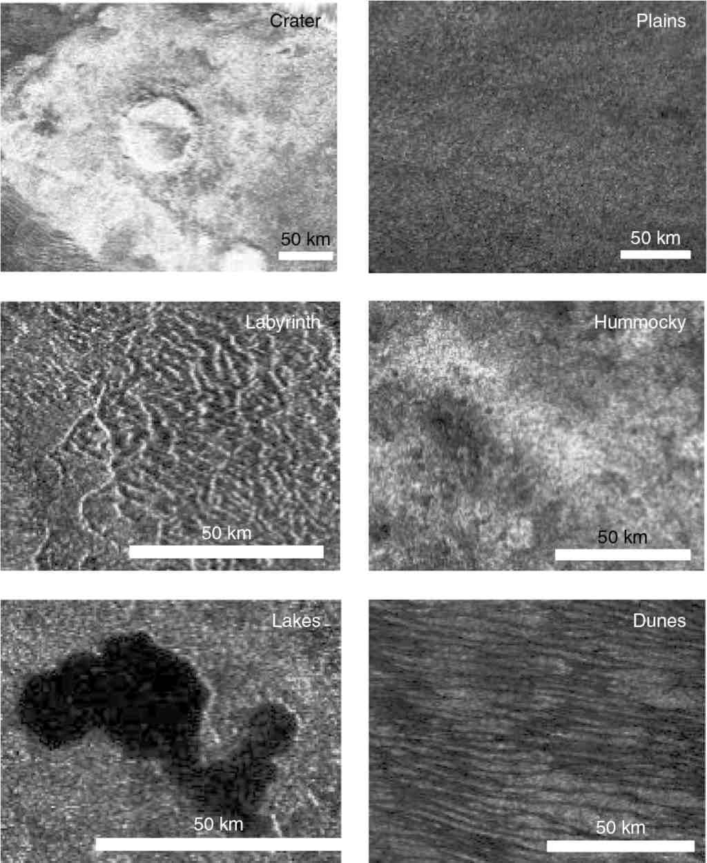Views of distinct features in Titan's landscapes, as seen in radar imagery. Image: Nature Astronomy/Wall et al.