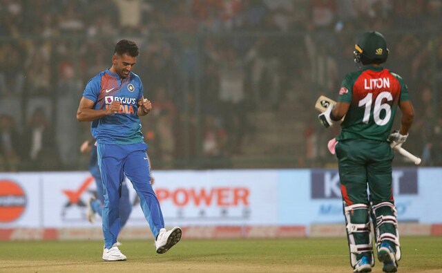Pacer Deepak Chahar got India to a good start with the ball as he picked up Liton Das very cheaply in just the first over of the day. AP Pacer Deepak Chahar got India to a good start with the ball as he picked up Liton Das very cheaply in just the first over of the day. AP