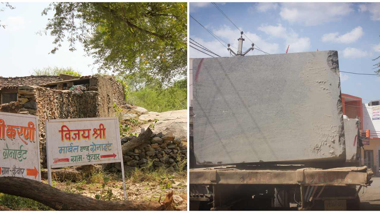 Small mines in Rooppura (l), a block of granite being transported post mining (r). Image credit: Vaishnavi Rathore.