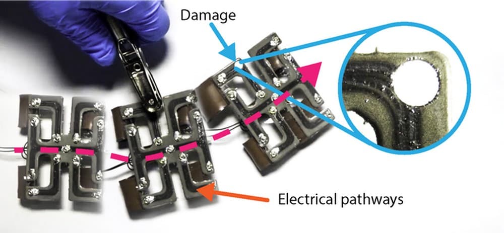A soft robot with a stretchable and electrically conductive circuit that is self-healing. Image credit: Soft Machines Lab