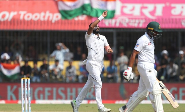 Mohammed Shami again starred with the ball for India, taking 4 wickets for 31 runs. Here he celebrates the dismissal of Mahmudullah on Day 3 of the first Test. AP Mohammed Shami again starred with the ball for India, taking 4 wickets for 31 runs. Here he celebrates the dismissal of Mahmudullah on Day 3 of the first Test. AP