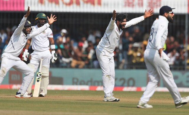 India's Ravindra Jadeja (second from right) and teammates appeal unsuccessfully for the wicket of Bangladesh's Liton Das on Day 3 of the first Test. AP India's Ravindra Jadeja (second from right) and teammates appeal unsuccessfully for the wicket of Bangladesh's Liton Das on Day 3 of the first Test. AP