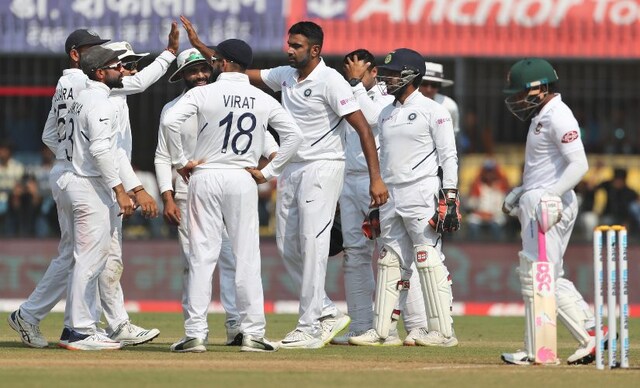 India's Ravichandran Ashwin (centre without cap) celebrates with teammates the dismissal of Bangladesh's Liton Das for 35. Ashwin returned with figures of 3 for 42 in the second innings on Day 3 of the first Test. AP India's Ravichandran Ashwin (centre without cap) celebrates with teammates the dismissal of Bangladesh's Liton Das for 35. Ashwin returned with figures of 3 for 42 in the second innings on Day 3 of the first Test. AP