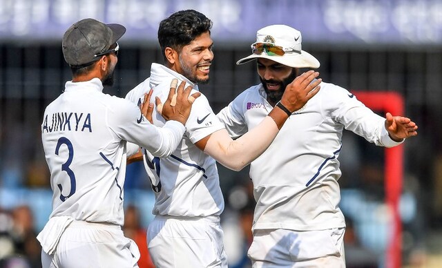 India's Umesh Yadav (centre) celebrates with teammates the dismissal of Bangladesh's Mehidy Hasan for 38. Yadav returned with figures of 2 wickets for 51 runs in the second innings, on Day 3 of the first Test. AP India's Umesh Yadav (centre) celebrates with teammates the dismissal of Bangladesh's Mehidy Hasan for 38. Yadav returned with figures of 2 wickets for 51 runs in the second innings, on Day 3 of the first Test. AP