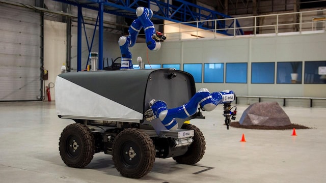 Sitting in the space station, ESA astronaut remotely drives lunar rover collecting rock samples Sitting in the space station, ESA astronaut remotely drives lunar rover collecting rock samples
