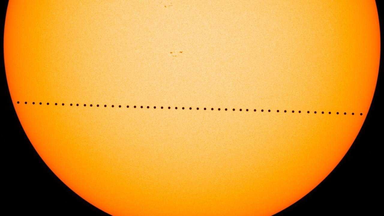 Mercury passing in front of the Sun as viewed by the Solar Dynamics Observatory. Image credit: NASA